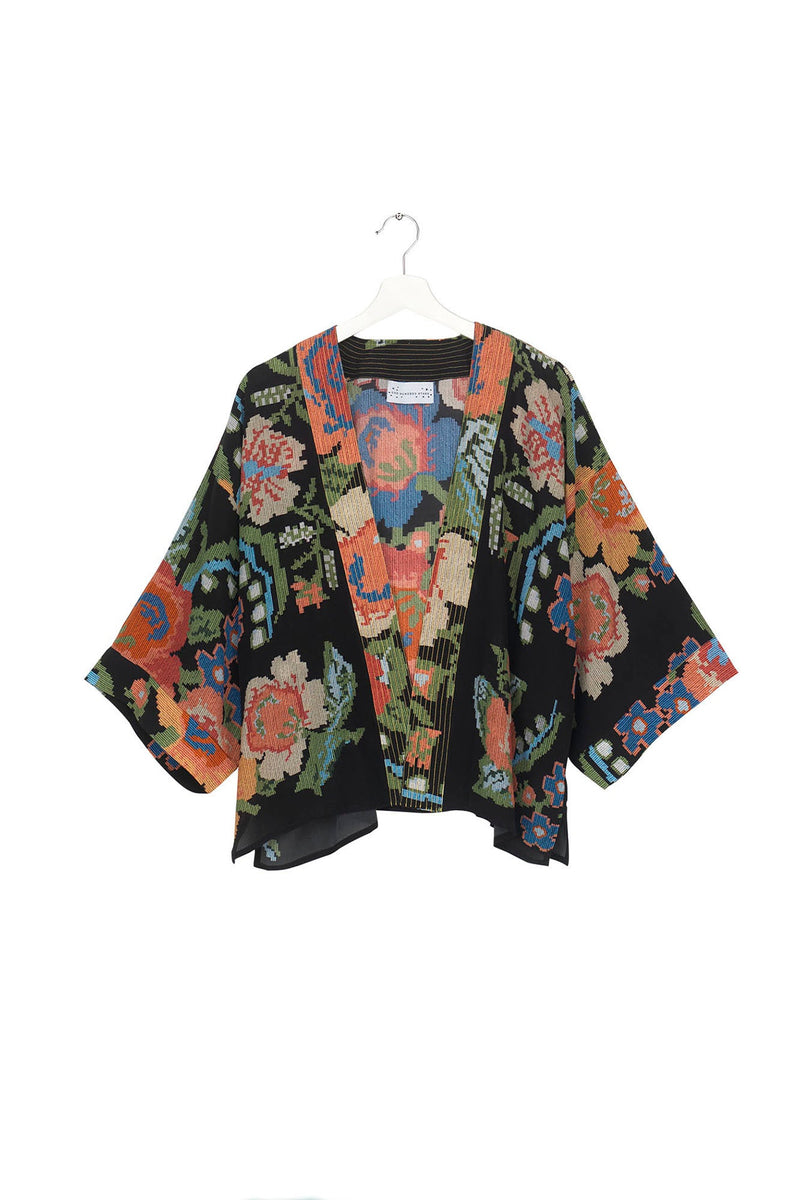 One Hundred Stars Woven Flower Black Crepe Kimono